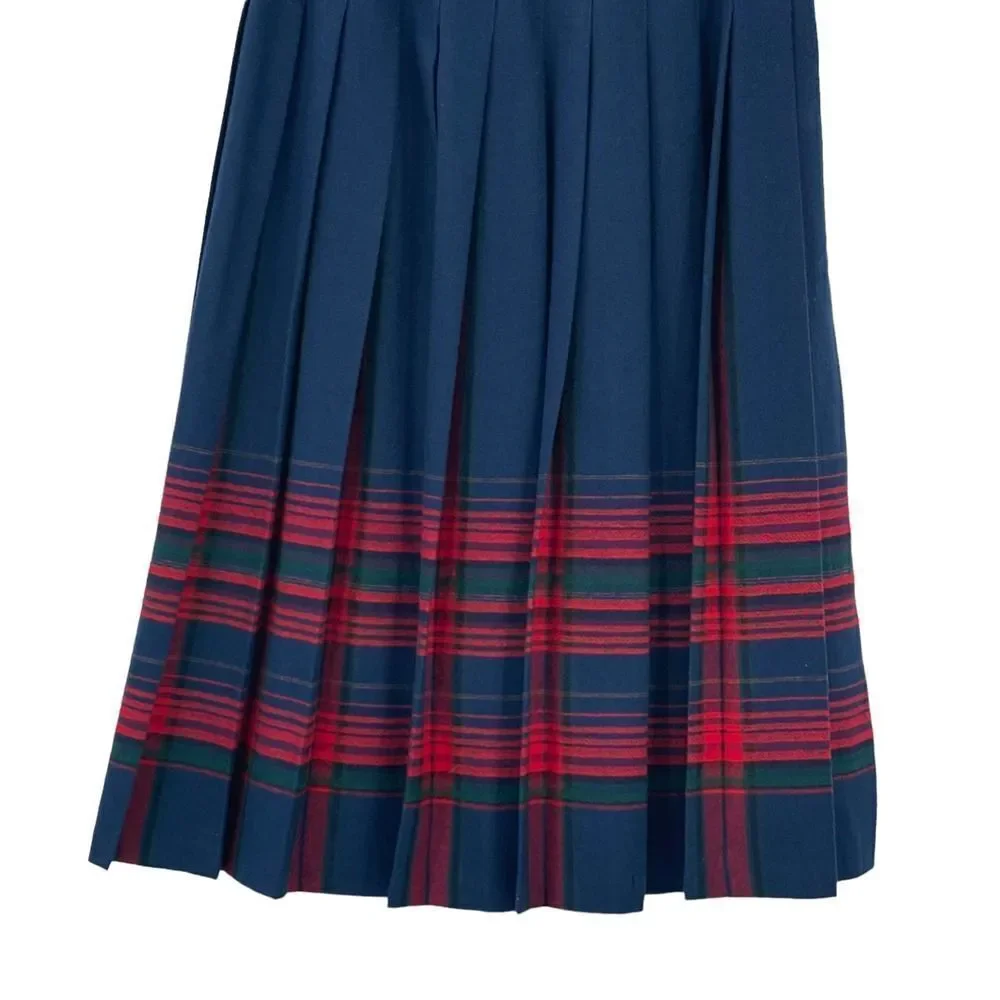 Vintage Pendleton Wool Skirt Pleated Accordion Midi Length Navy Red Plaid | 6 P